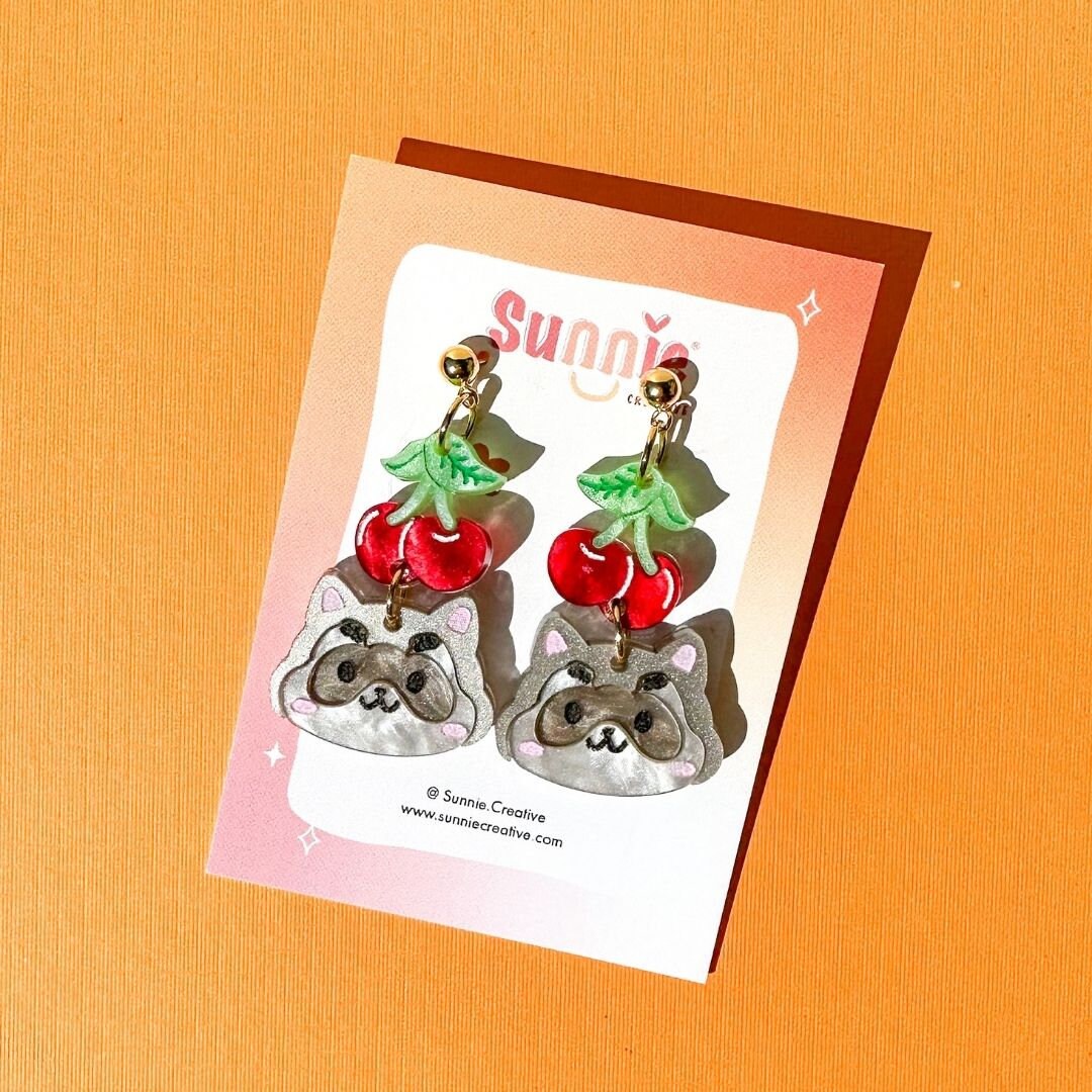 Cherry Raccoon Earrings//Cute Animal earrings//raccoon jewelry//Seventeen-Inspired Kawaii Animal Earrings//K-Pop animal style jewelry