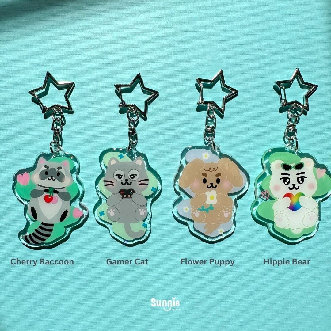 Animal Acrylic Keychain//Cartoon Art Style Double-Sided Epoxy Glitter Charm//Cute Animal Lover Gift//Seventeen-inspired Keychain//K-Pop