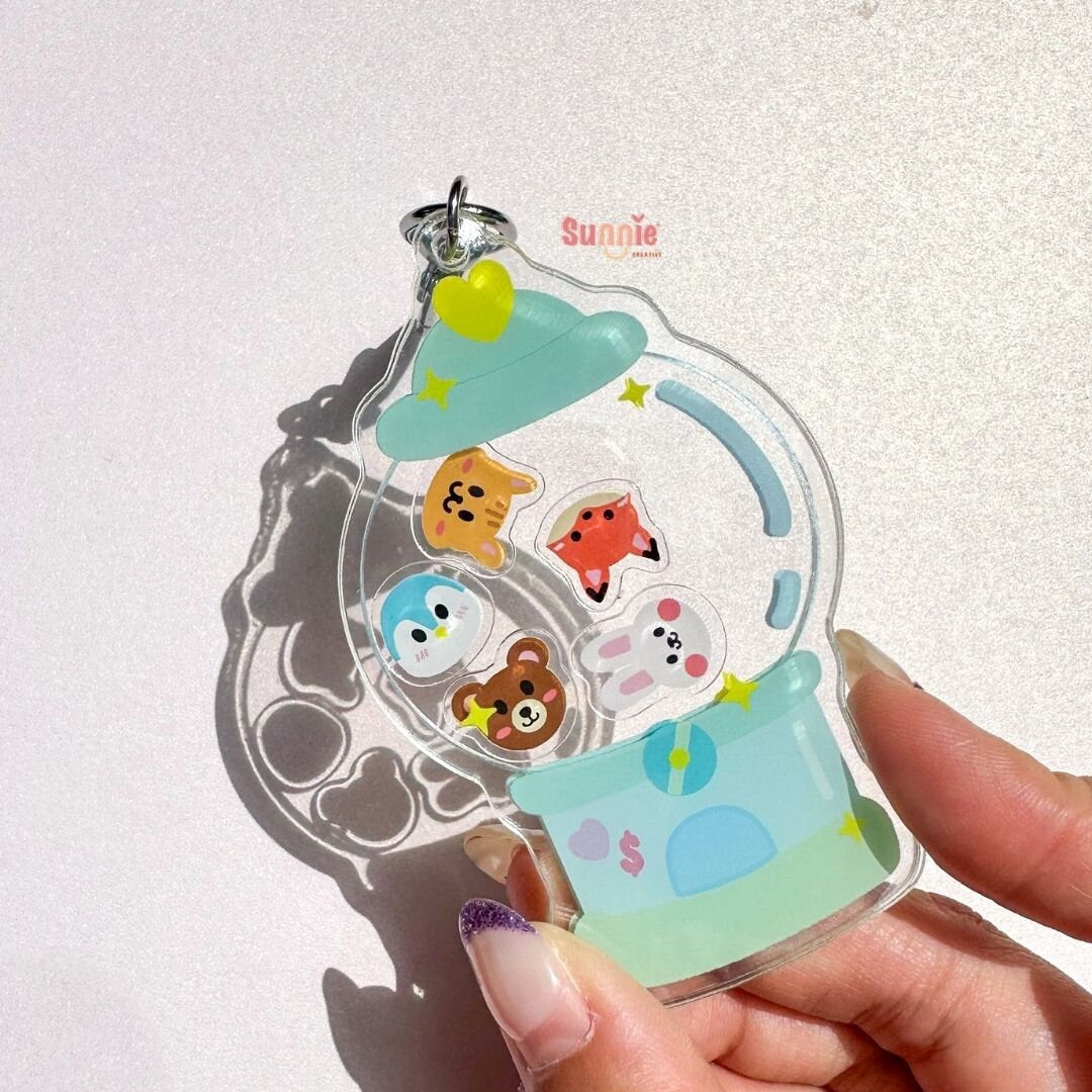 Animal Gumball Machine Acrylic Keychain//Cartoon Art Style Double-Sided Epoxy Glitter Charm//Cute Cat Lover Gift//TXT Animal Keychain
