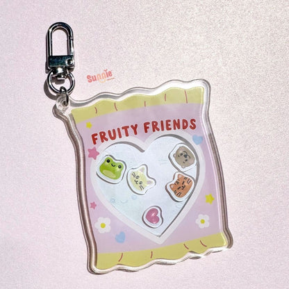 Fruitty Friend Gummy Acrylic Keychain//Cartoon Art Style Double-Sided Epoxy Glitter Charm//Cute Cat Lover Gift//SVT Animal Keychain