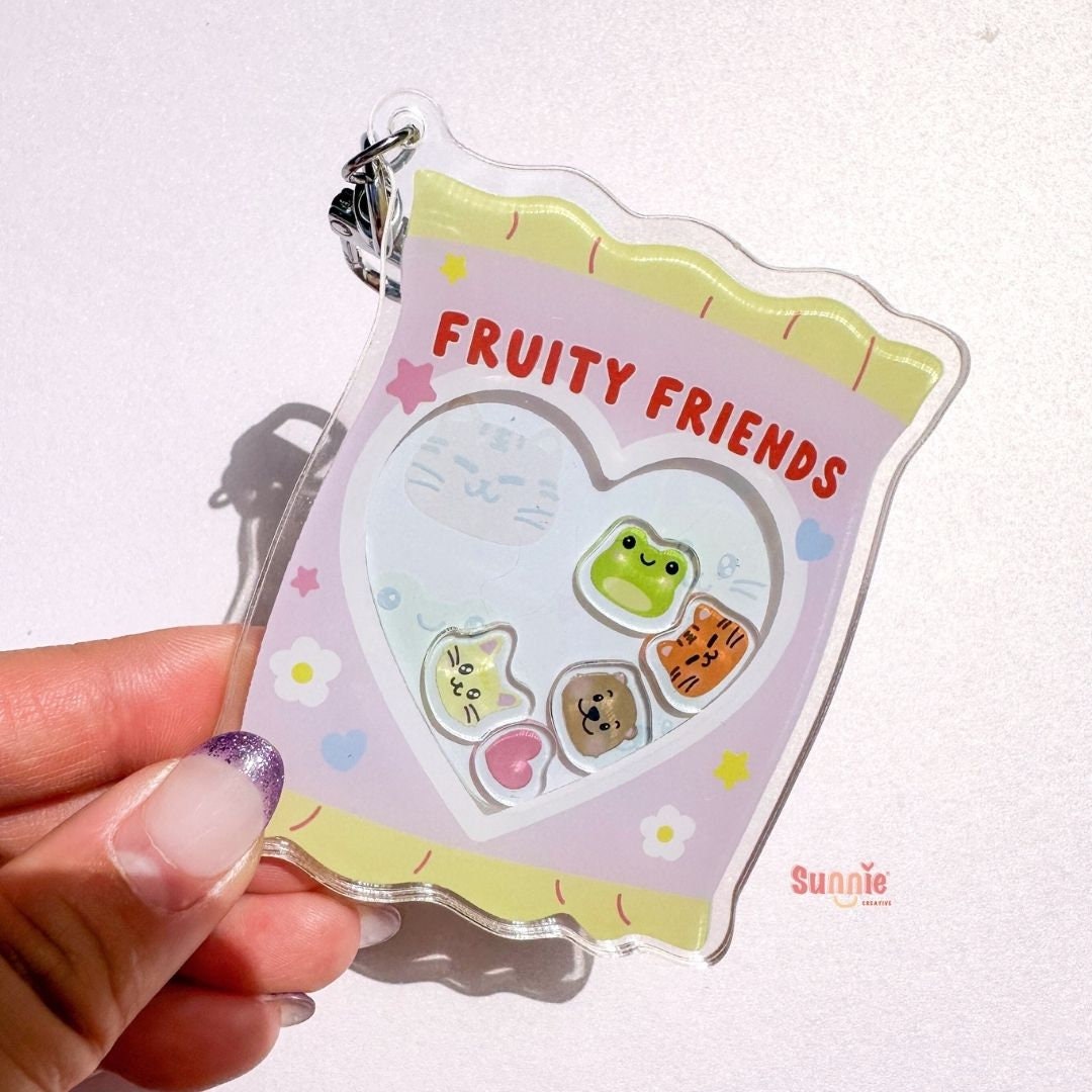 Fruitty Friend Gummy Acrylic Keychain//Cartoon Art Style Double-Sided Epoxy Glitter Charm//Cute Cat Lover Gift//SVT Animal Keychain