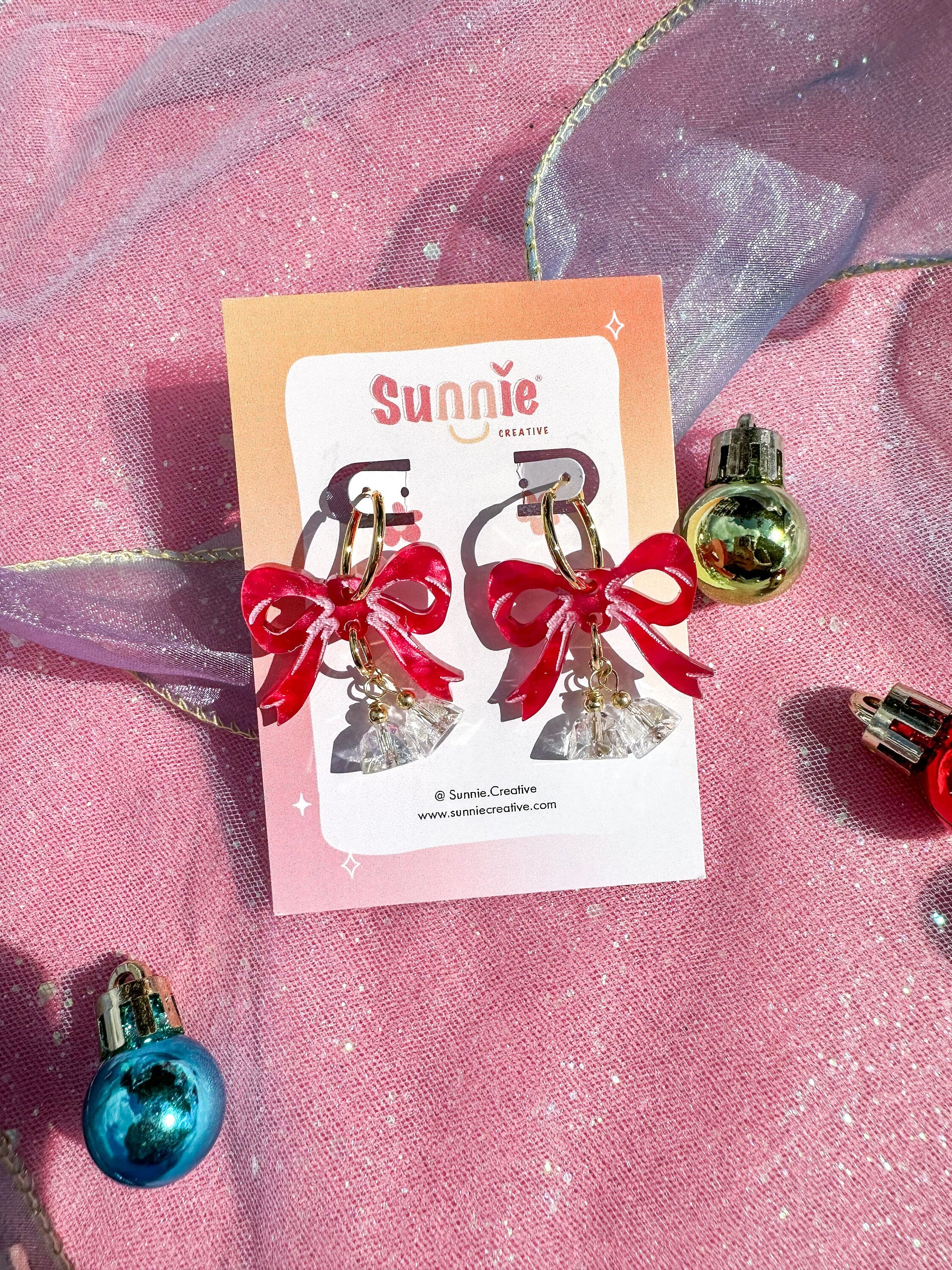 Christmas Gifts Earrings Girls Women Jingle Bell Earrings Green Red  Rhinestone Bell Earrings Cute Crystal Bow