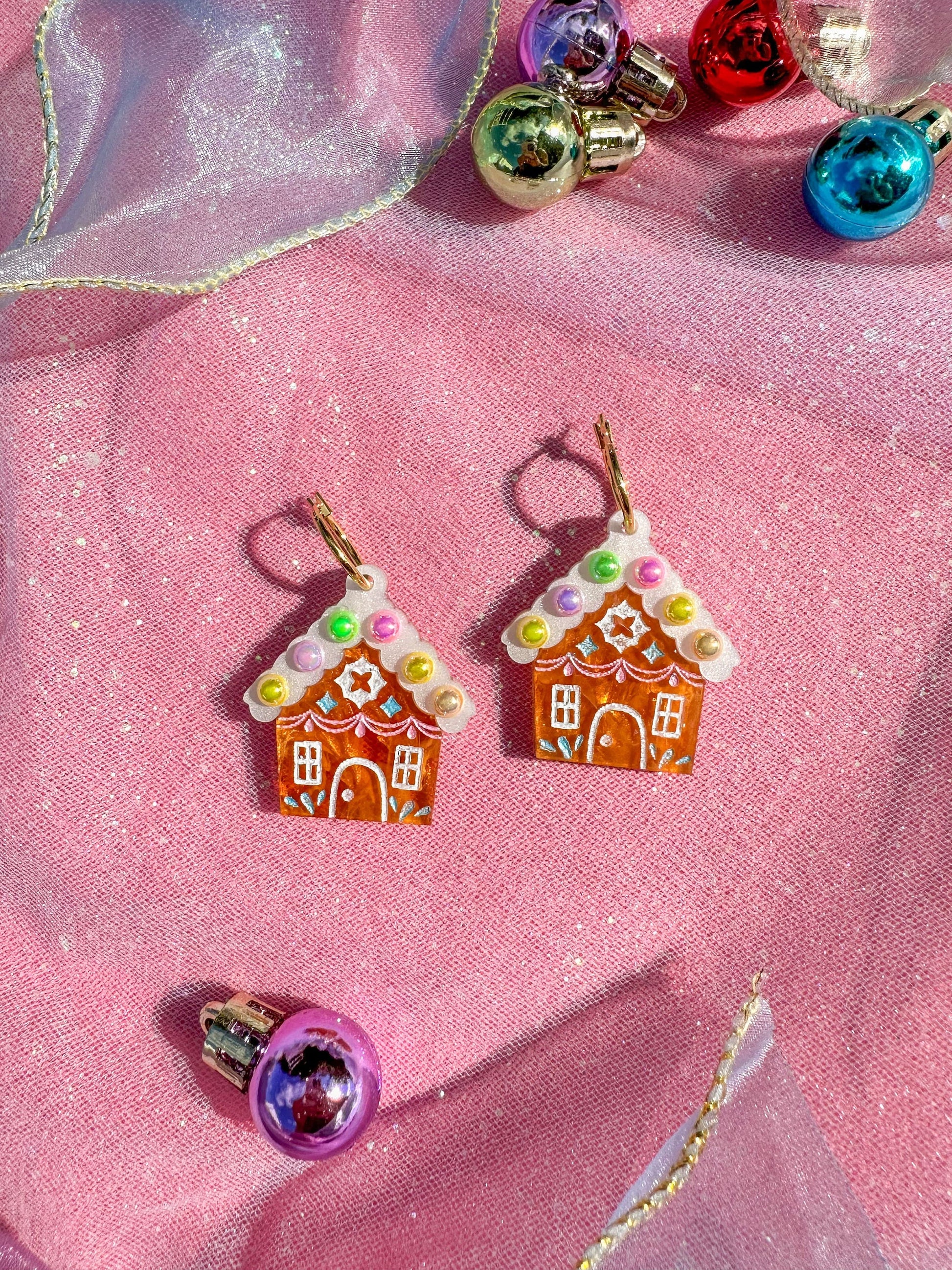 Gingerbread House Earrings //Christmas Earring//Statement Earring//Acrylic Earring//Folk Art//Holiday Gift