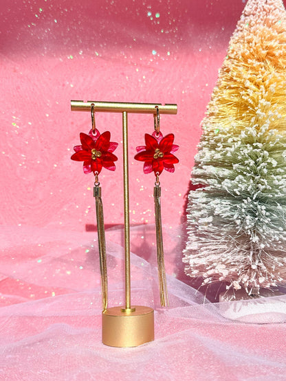 Poinsettia Earrings //Christmas Earring//Statement Earring//Acrylic Earring//Folk Art//Holiday Gift//Gold Tassel Earrings