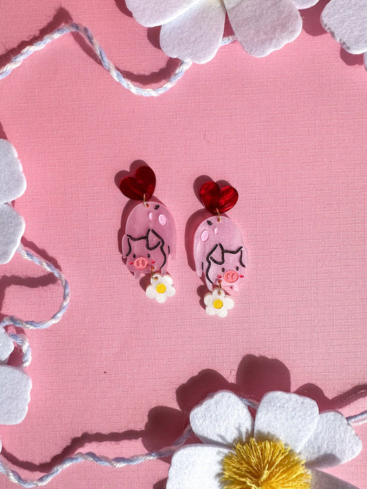 Daisy Pig Earrings//Spring Earring//Statement Earring//Acrylic Earring//Animal Earrings//Spring Vibes//Gift for Her